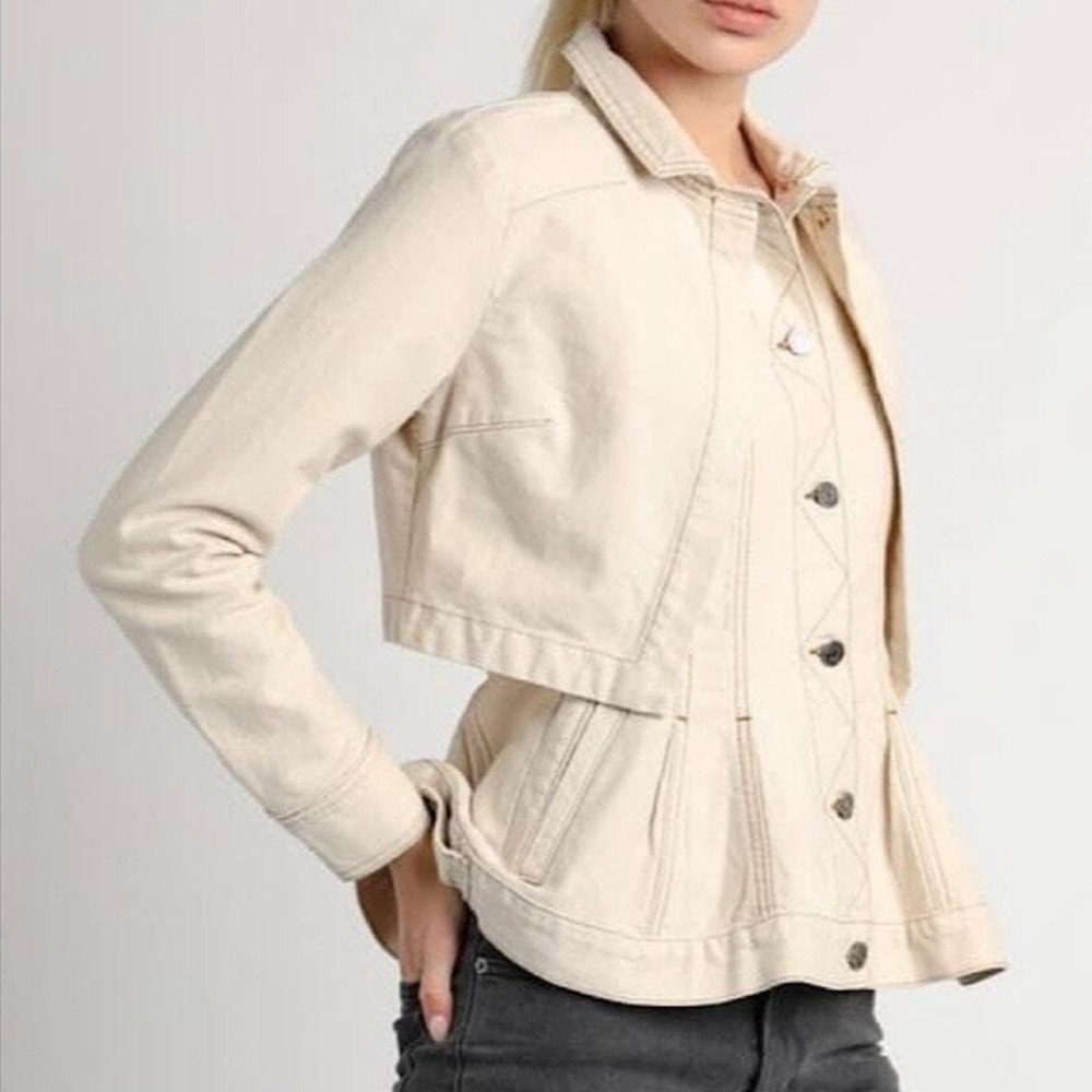 CURRENT AIR Peplum Denim Jacket Women Small Cream Layered Button Front Pleated